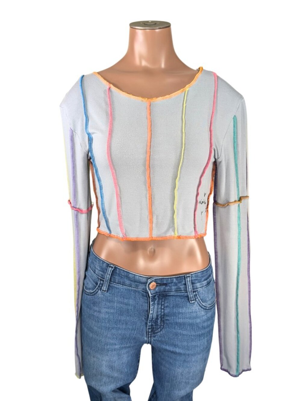 O-Mighty Medium Gray Cropped Contrasting Rainbow Trim Long Sleeve T-Shirt